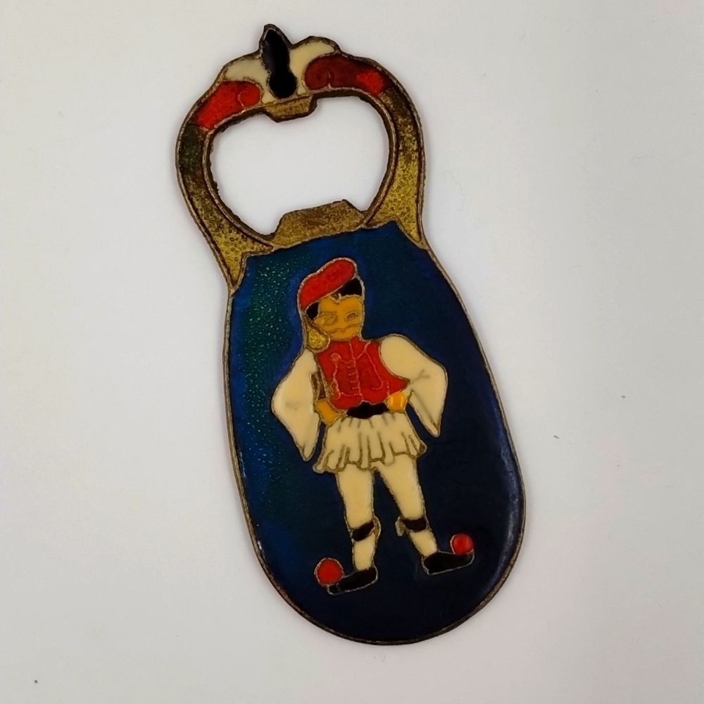 Vintage brass enamel bottle opener from Greece